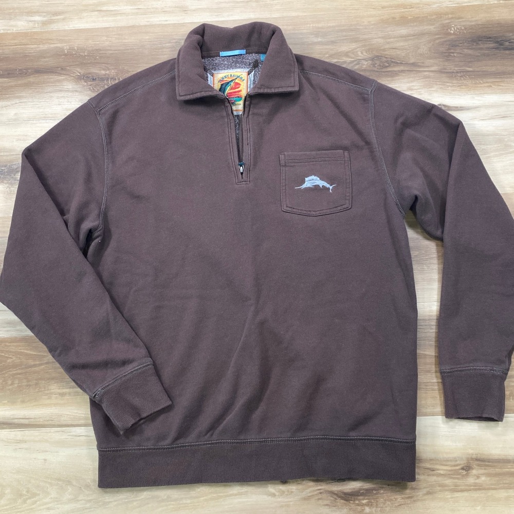 Tommy Bahama Sweatshirt 1/4 Zip Mens L Coastal Cotton Blend Pullover Brown
